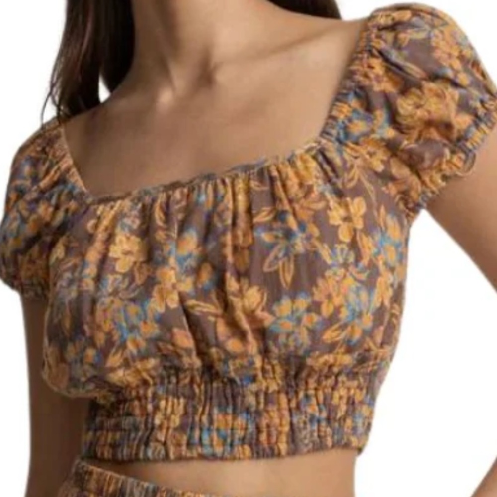 Rhythm Floral Smocked Crop Top in Mustard and Dusty Blue